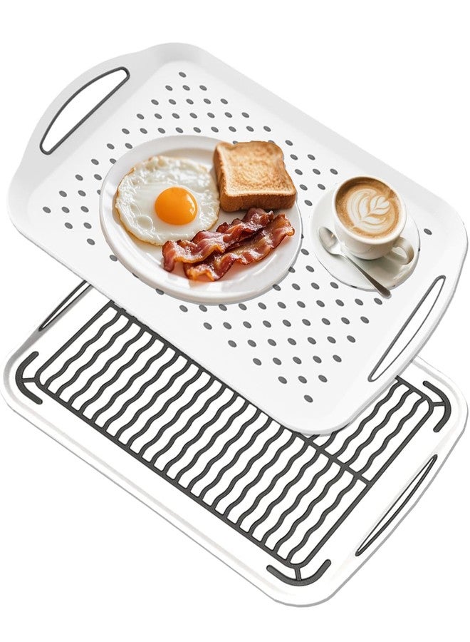 Crastilior 2PCS Large Non Slip Serving Tray with Handles Food Trays for Eating on Couch TV Lap Tray with Silicone Grippy Dots for Breakfast Dinner, Set of 2, White - Image 1