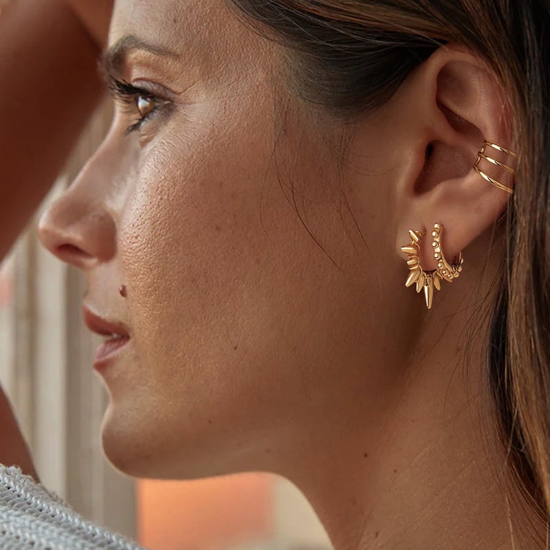 MYEARS Women Sun Earrings Gold Huggie Hoop 14K Gold Plated Small Simple Hypoallergenic Everyday Jewelry - Image 2