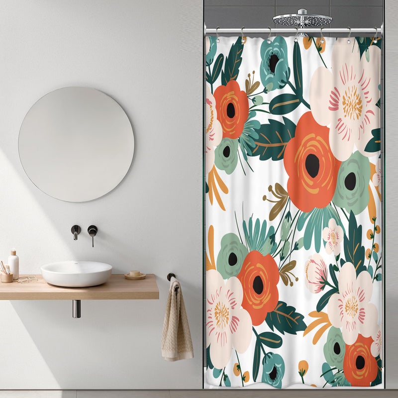 Riyidecor Small Stall Shower Curtain 36Wx72H Inch Half Narrow RV Spring Floral Flower Bathtub Decor Walkin Leaves Green Bathroom Decor Fabric Panel Polyester Waterproof 7 Pack Plastic Hooks WW-YHX9