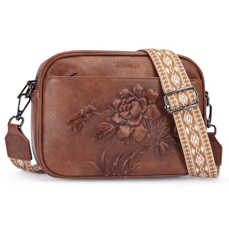 VIMUTI Small Crossbody Purses for Women, Trendy Vegan Leather Crossbody Bag Embossed Travel Shoulder Handbags with Wide Strap (Brown) - Image 1