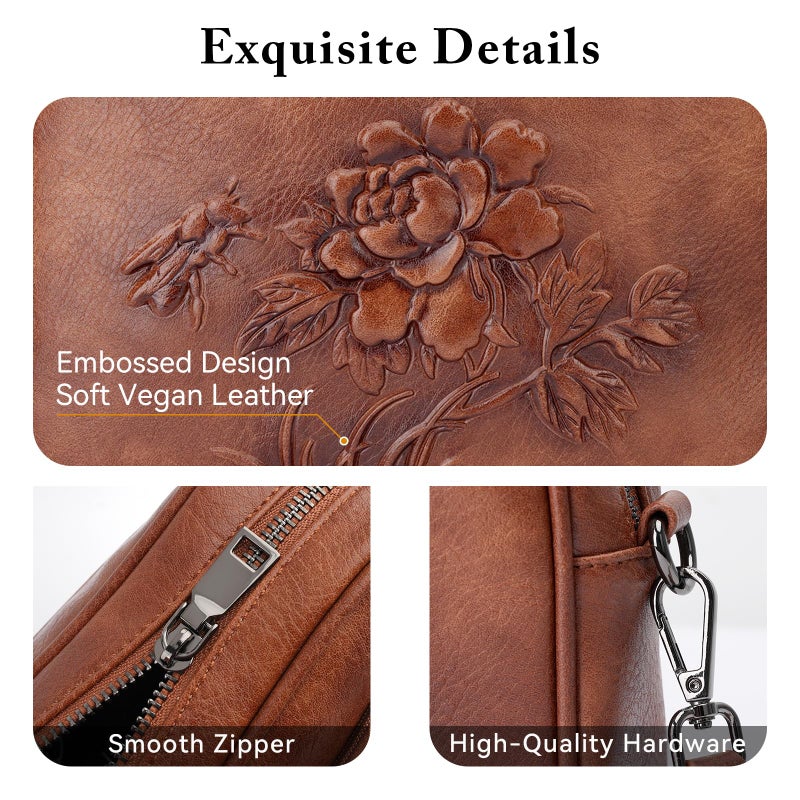 VIMUTI Small Crossbody Purses for Women, Trendy Vegan Leather Crossbody Bag Embossed Travel Shoulder Handbags with Wide Strap (Brown) - Image 5