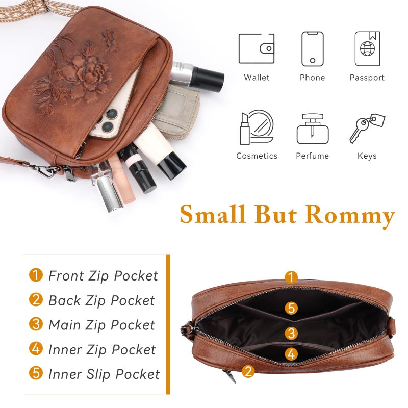 VIMUTI Small Crossbody Purses for Women, Trendy Vegan Leather Crossbody Bag Embossed Travel Shoulder Handbags with Wide Strap (Brown) - Image 4