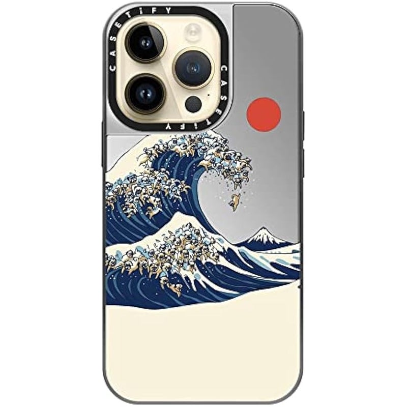 Casetify Mirror Case for iPhone 14 Pro Compatible with Magsafe - The Great Wave of Pugs - Silver on Silver - Image 4