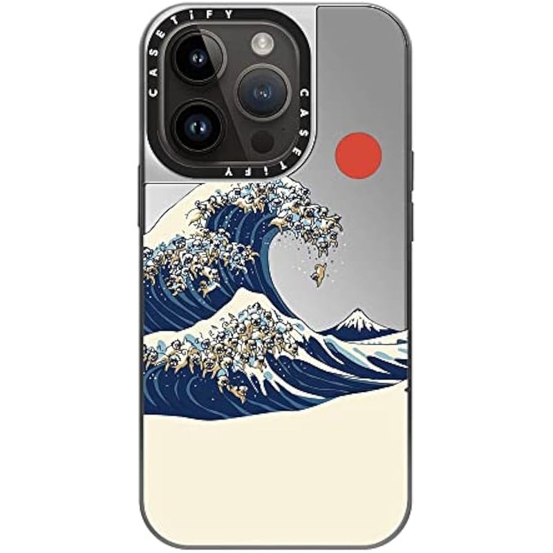 Casetify Mirror Case for iPhone 14 Pro Compatible with Magsafe - The Great Wave of Pugs - Silver on Silver - Image 3