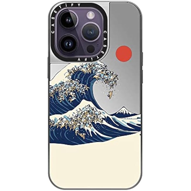 Casetify Mirror Case for iPhone 14 Pro Compatible with Magsafe - The Great Wave of Pugs - Silver on Silver - Image 1