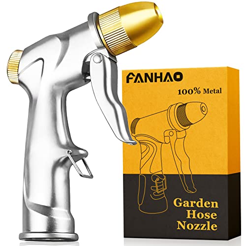 Fanhao فوهة رش خرطوم الحديقة المحدثة من FANHAO، 100% معدنية ثقيلة، فوهة ماء محمولة عالية الضغط بأربعة أوضاع رش لري النباتات والعشب، وغسل السيارات، والفناء والحيوانات الأليفة - Image 1