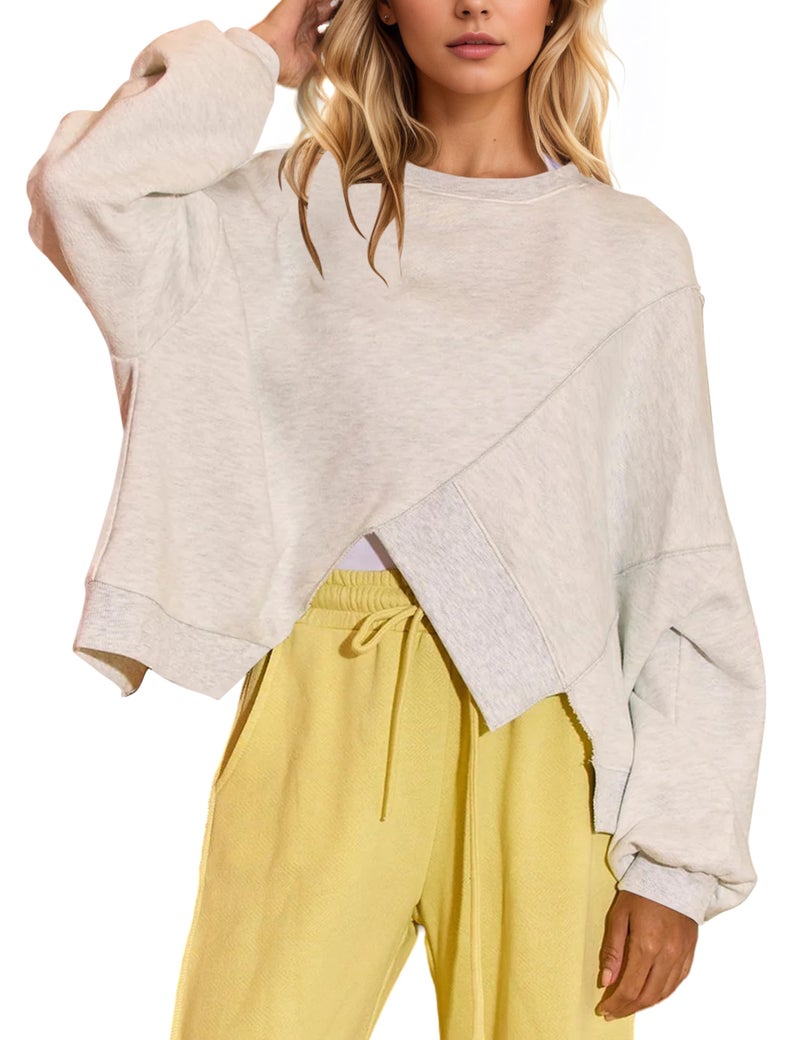MISSACTIVER Womenâ€™s Crew Neck Cropped Sweatshirt Oversized Long Sleeve Ribbed Pullover Top Asymmetrical Hem Fall Outfit(Small,Light Grey) - Image 1