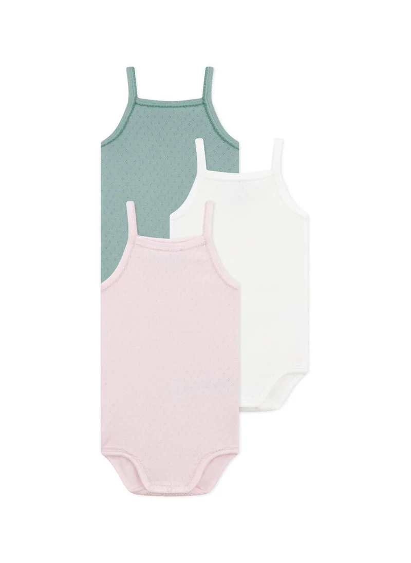 بيتي باتو Set of 3 plain cotton baby bodysuits with straps