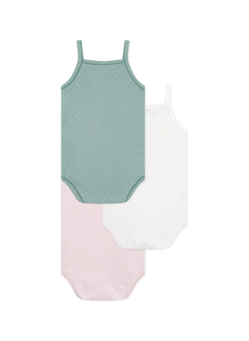 بيتي باتو Set of 3 plain cotton baby bodysuits with straps
