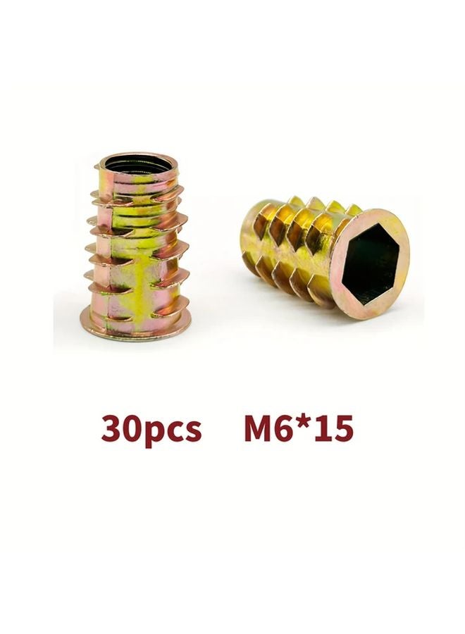 30pcs M6 15mm Zinc Alloy Threaded Inserts for Soft Wood Furniture Hex Socket - Image 1