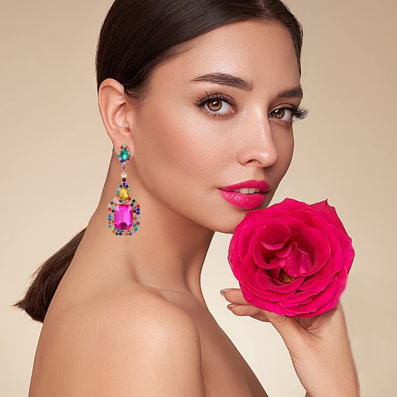 Moiegouct Colorful Zinc Rhinestone Dangle Statement Earrings Long Crystal Dangling Drop Earrings for Women Formal Wedding Bride Prom - Image 2
