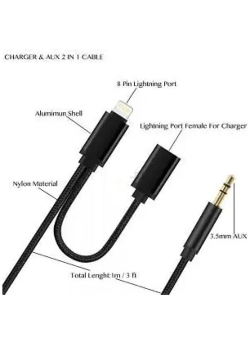 کاتانس - 2 in 1 8 Pin Aux Cable and Lightning Headphone Adapter for iPhone Nylon Braided Tangle-Free 3.5mm Audio Jack Adapter Cable 100cm Black - Image 1