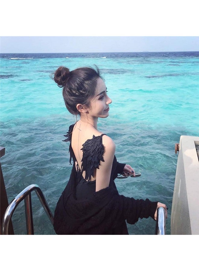 Onwon 1 Pair 3D Angel Wings Embroidered Neckline Lace Trim Applique Sewing On Patches Black Large - Image 4