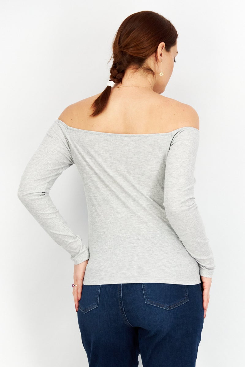 NA-KD Women Off Shoulder Long Sleeve Textured Top, Grey - Image 4