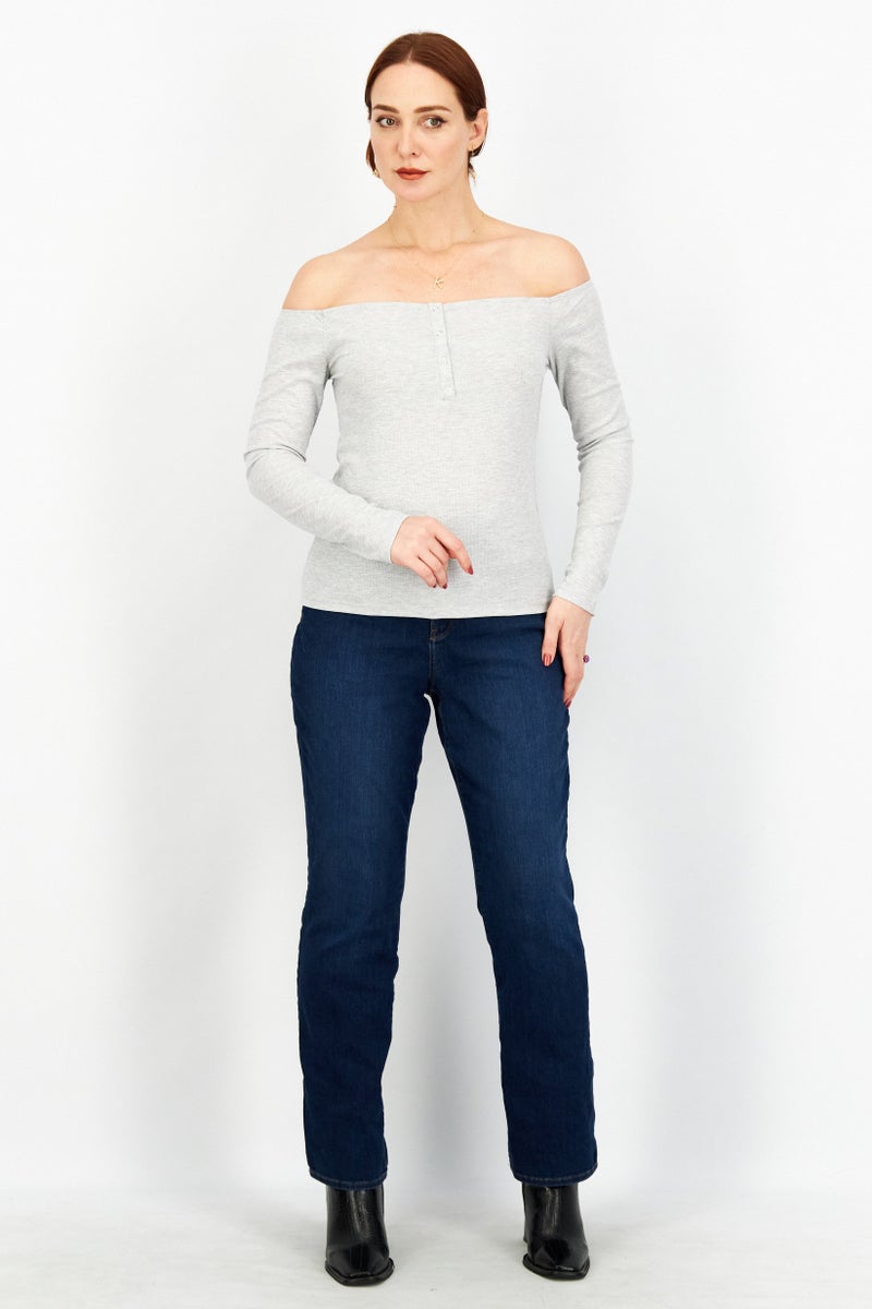 NA-KD Women Off Shoulder Long Sleeve Textured Top, Grey - Image 3