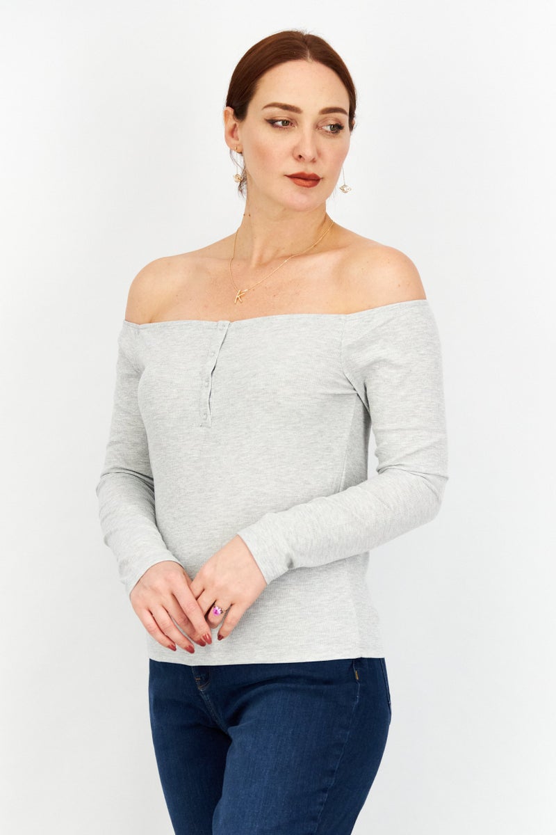 NA-KD Women Off Shoulder Long Sleeve Textured Top, Grey - Image 2