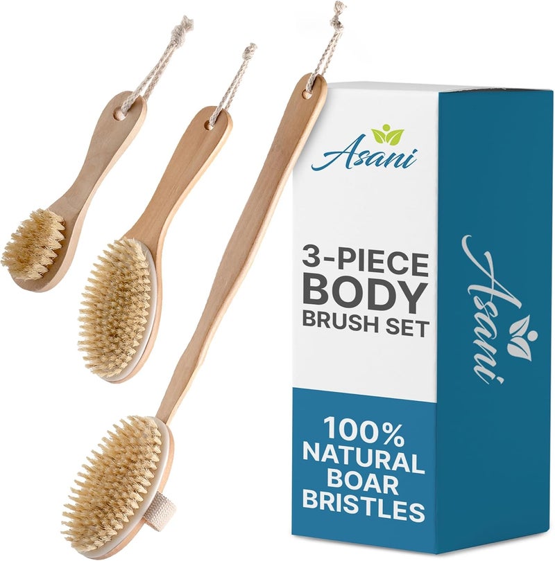 Asani Dry Brushing Body Brush Set for Lymphatic Drainage & Cellulite - 3-Pcs Detachable Back, Contour Body & Face Brushes Organic Gift for Dry Skin, Exfoliation, Invigorating Showers