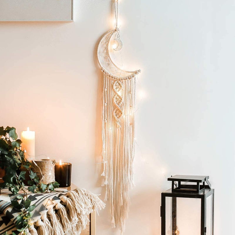 Dremisland Macrame Wall Hanging with LED LightMoon Dream Catcher Woven Wall Tapestry Bohemian Home Decor for Kids Room Wedding Party Ornaments Craft Gifts