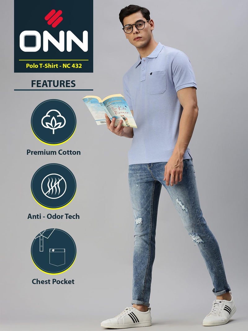 ONN Men's Blue Mist Half Sleeves Polo Collar T-Shirt with Pocket(Size : Large) - Image 2