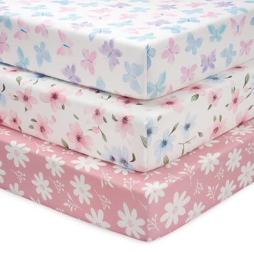 FIEMOL Baby Crib Sheets Girl, 3 Pack Toddler Bed Sheets Fit for 52”x28” Standard Crib and Toddler Mattresses, Super Soft Microfiber Pink Butterfly Flower - Image 1