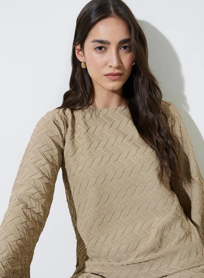 ستايلي Cream Textured Boat Neck Long Sleeve Top