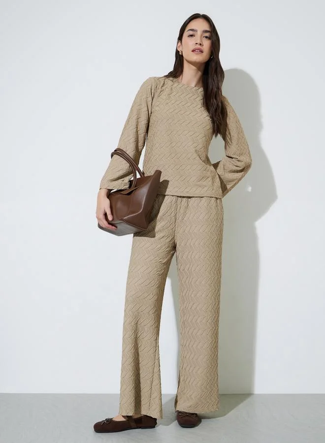 ستايلي Cream Textured Boat Neck Long Sleeve Top