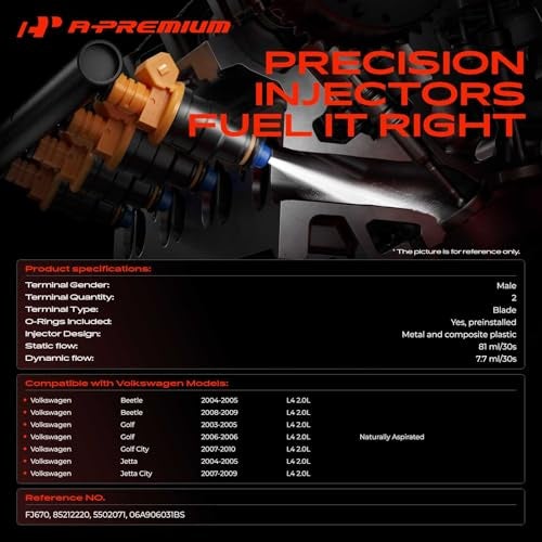 A-Premium APremium Set of 4 Fuel Injectors Compatible with Volkswagen Jetta 20042005 Jetta City 20072009 Golf 20032006 Golf City 20072010 Beetle 20042005 20082009 20L Replace 06A906031BS - Image 3
