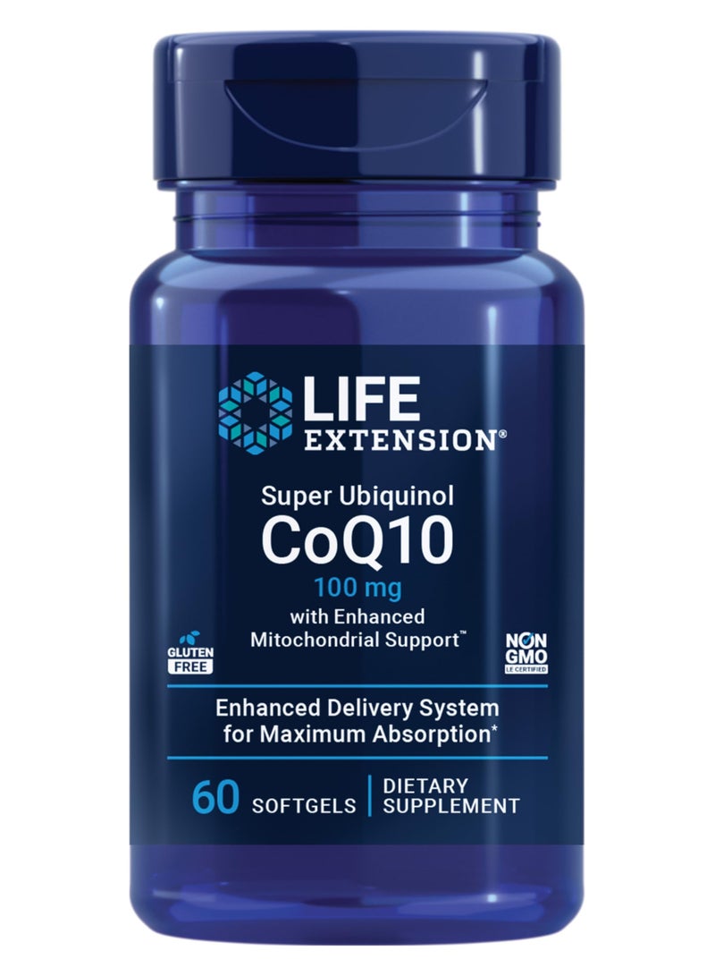 Life Extension Super Ubiquinol CoQ10 with Enhanced Mitochondrial Support, Potent Heart Health & Cellular Energy Production Support, Ultra-absorbable, Gluten-Free, Non-GMO, 100 mg, 60 softgels - Image 1