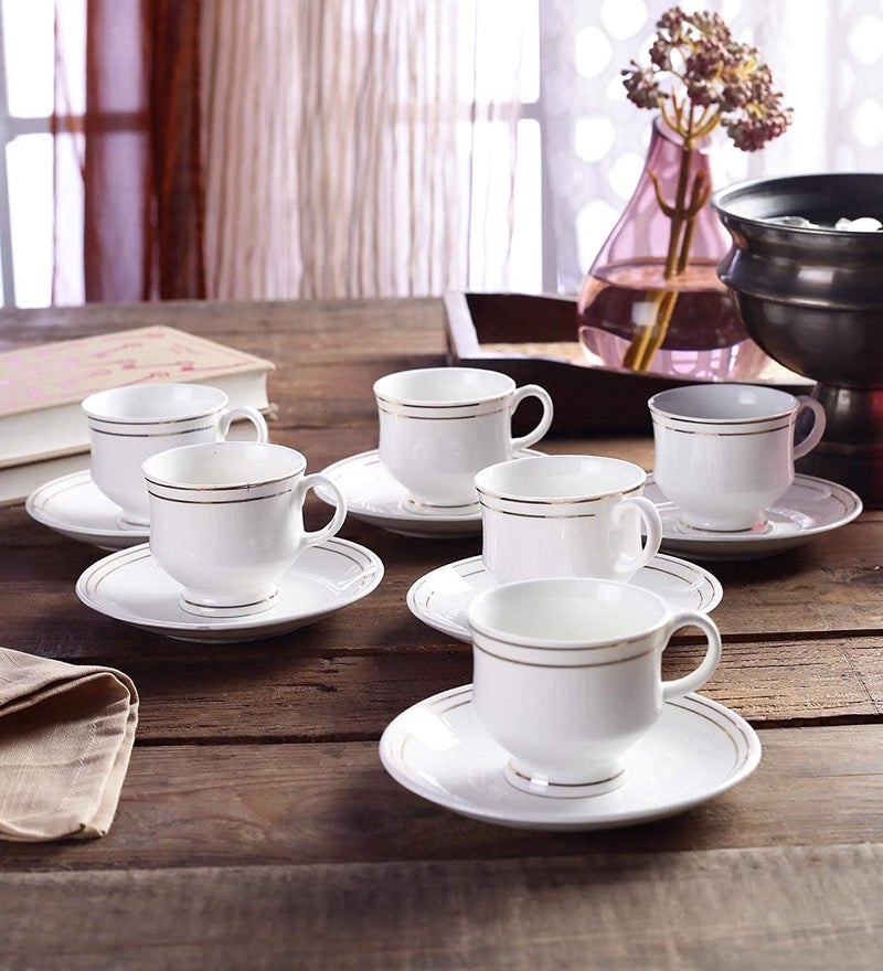TREANDCARD Bone China Gold Line Tea & Coffee Cups Mugs (6 Cups & 6 Saucer) 170 Ml - Image 1