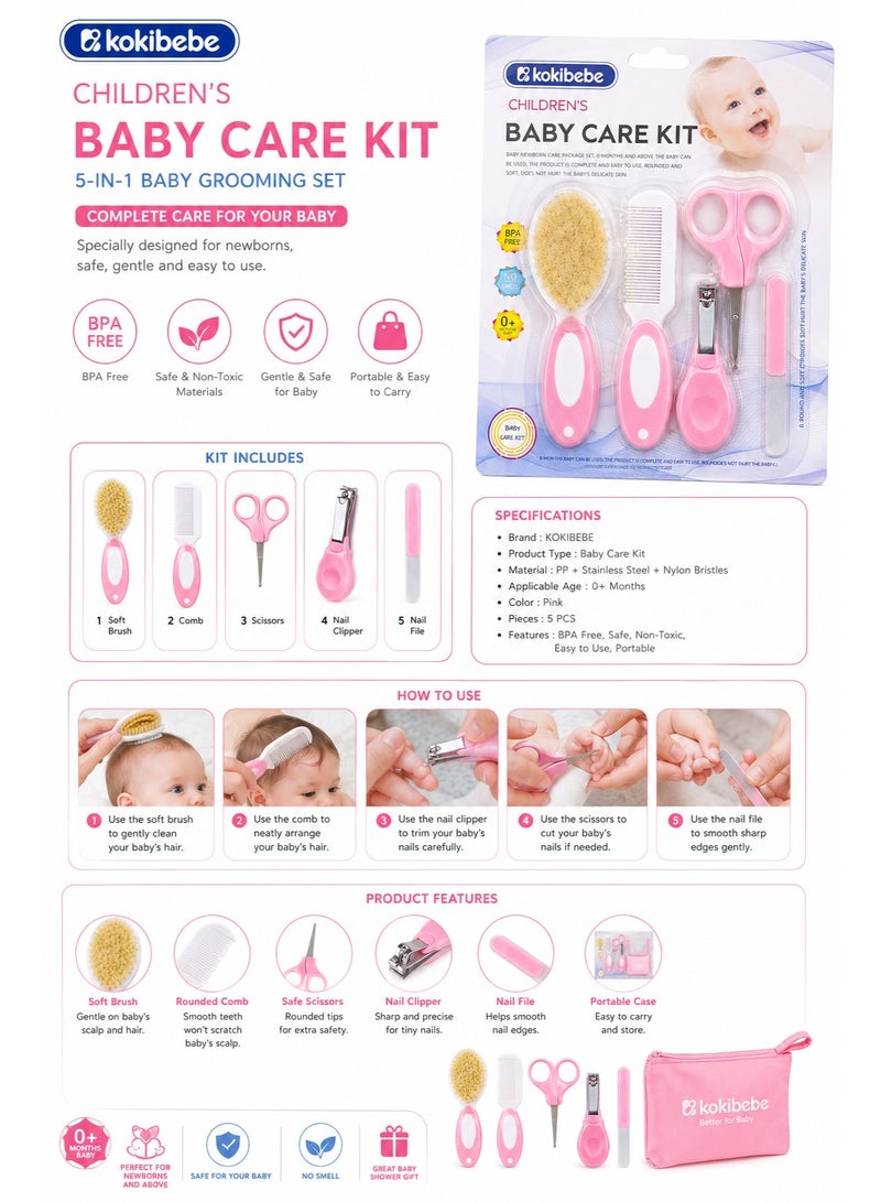 kokibebe' KOKIBEBE 5-Piece Baby Brush & Comb Set with Nail Care Kit, Pink, 0+ Months - Image 2