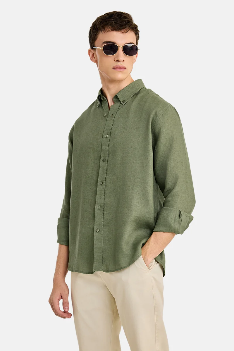 SNITCH Olive Solid Long Sleeve Regular Fit Shirt