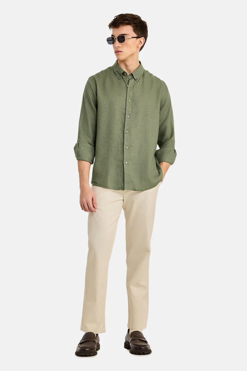 SNITCH Olive Solid Long Sleeve Regular Fit Shirt