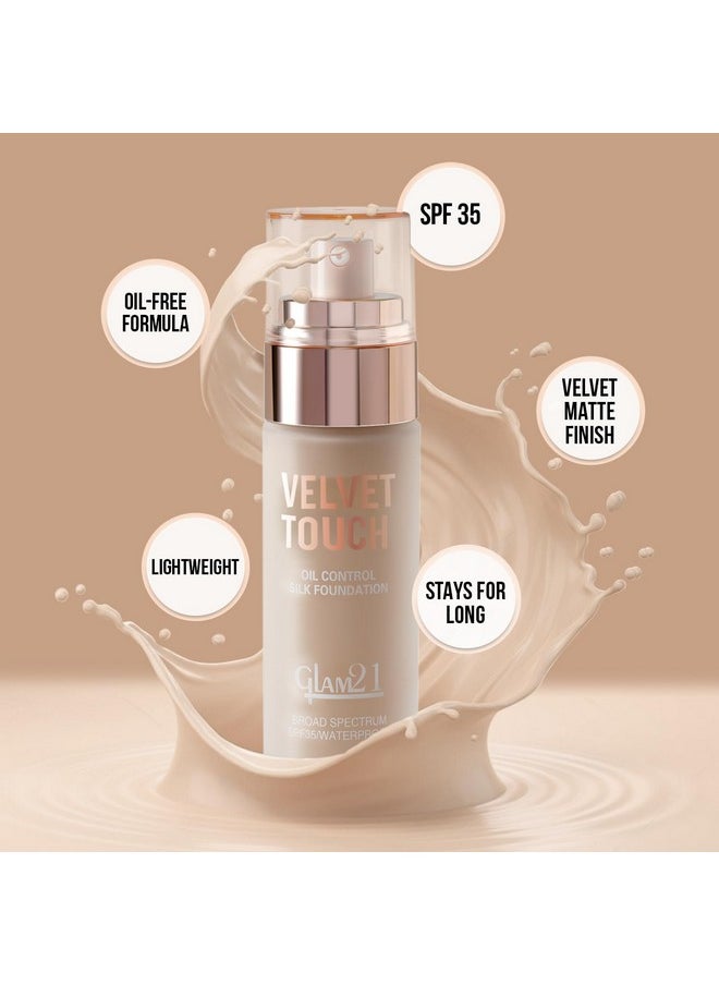 كريم أساس Glam21 Velvet Touch Oil Control Silk | مقاوم للماء، تغطية عالية، لمسة نهائية مخملية غير لامعة، تغطية كاملة فائقة، خفيف الوزن وقابل للتنفس، عامل حماية من أشعة الشمس 35 يدوم طويلاً | بيج رملي - 50 جم - pzsku/ZD15E2118C778DADF3316Z/45/_/1735566781/81e508be-32bd-4f68-8d28-2b68c43420c4