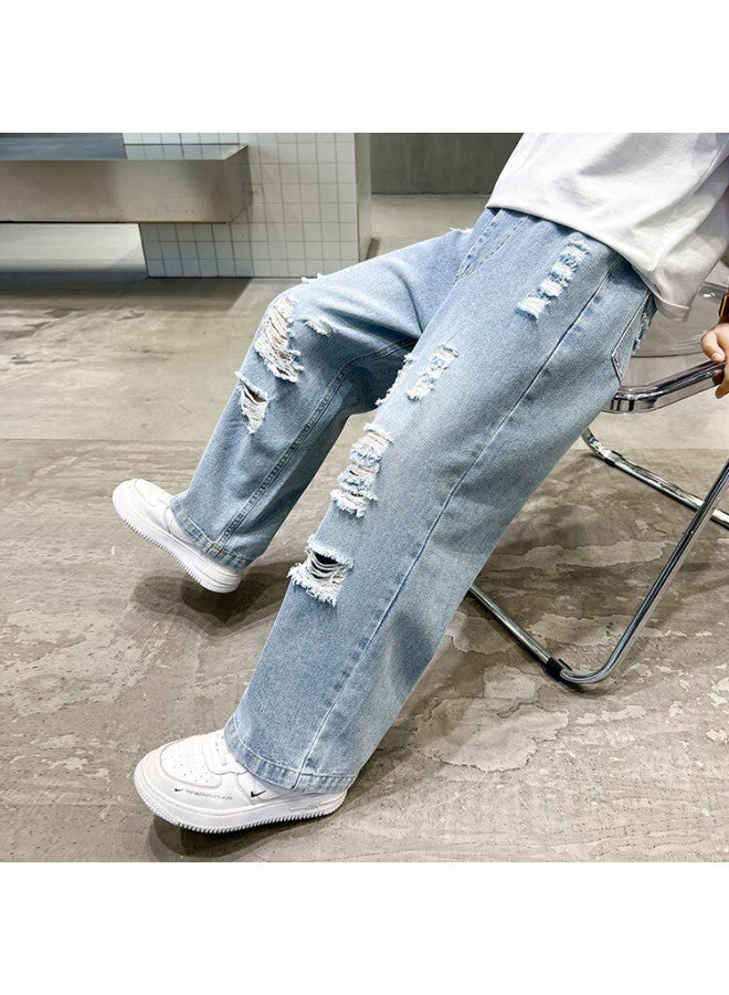 Boys' Summer Thin Ripped Jeans New Korean Casual Straight Pants - Image 1