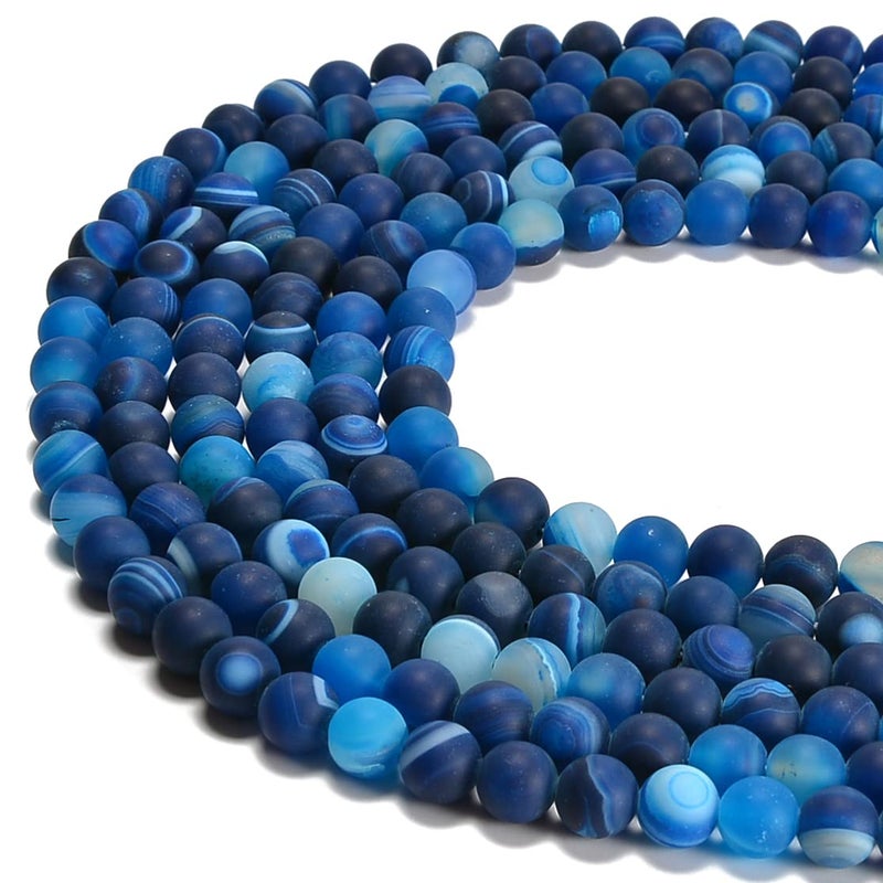jodaying 10mm Blue Stripe Agate Matte Round Natural Gematone Loose Beads for Jewelry Making DIY 1 Strand 15