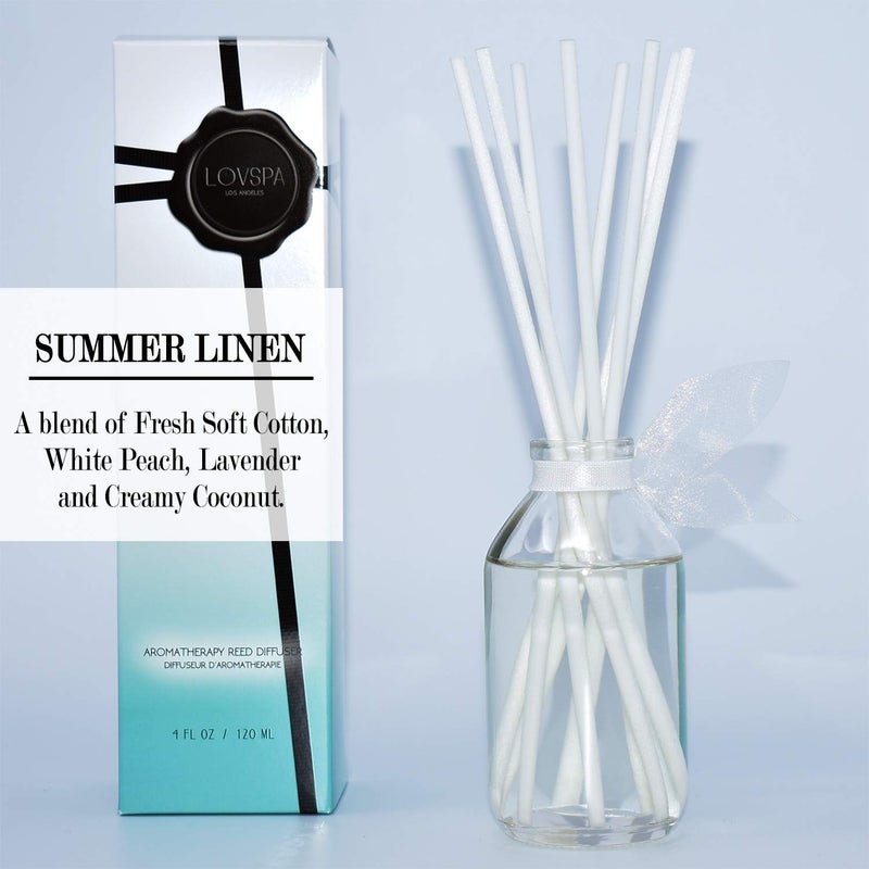 LOVSPA Reed Diffuser Set, Summer Linen Scented Oil Diffuser with Sticks, Home Fragrance Accessories for Bathroom Shelf Decor, Aroma Diffusers for Home or Office Desk, USA Made - Image 5