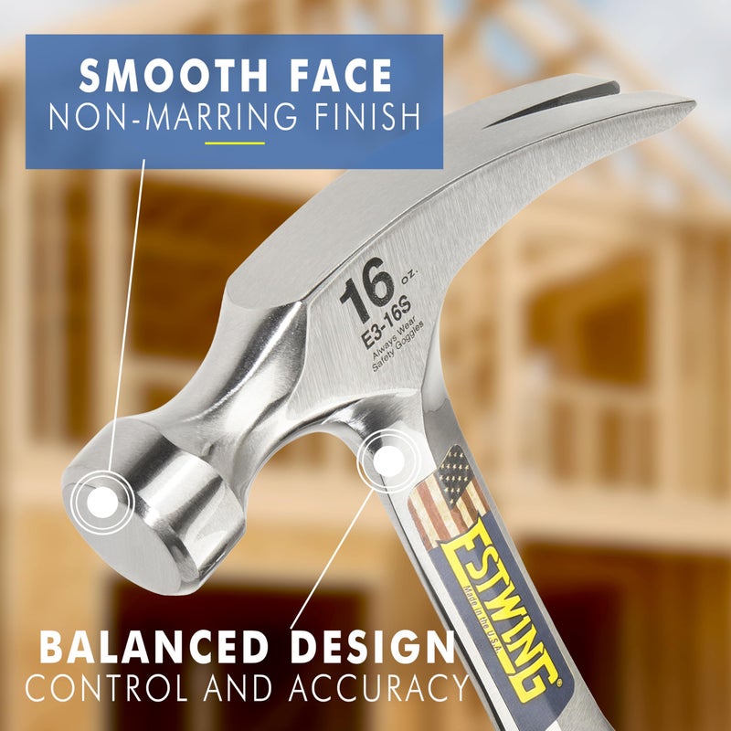 ESTWING Hammer - 16 oz Straight Rip Claw with Smooth Face & Shock Reduction Grip - E3-16S - Image 3