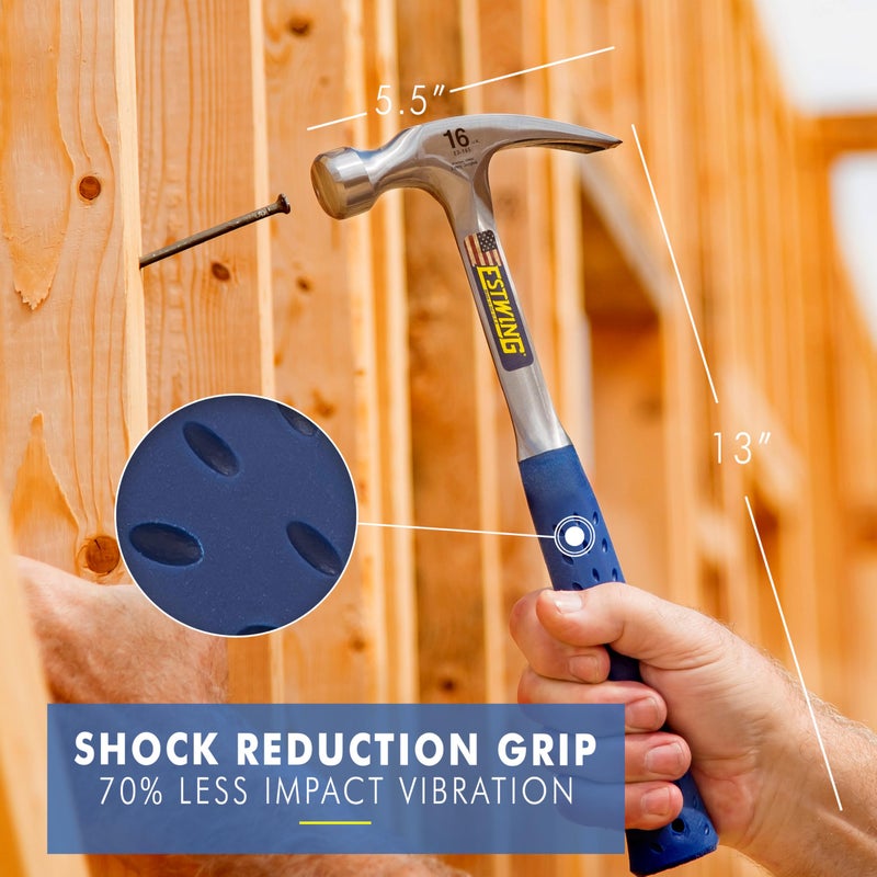 ESTWING Hammer - 16 oz Straight Rip Claw with Smooth Face & Shock Reduction Grip - E3-16S - Image 2