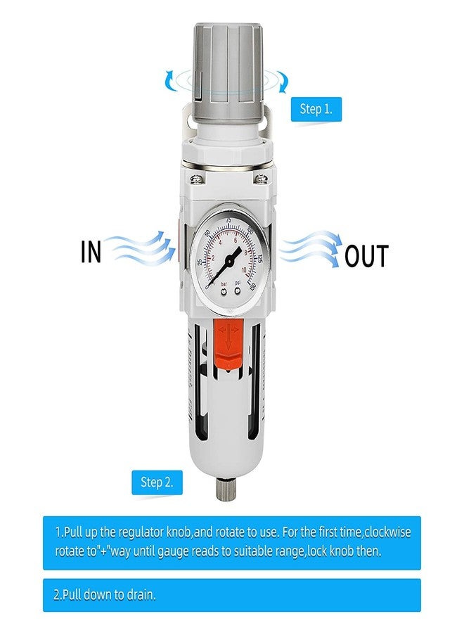 NANPU 1/2" NPT Compressed Air Filter Regulator Combo Piggyback, 5 Micron Brass Element, Poly Bowl, Semi-Auto Drain, Metal Bracket, 0-150 psi Gauge - Image 4