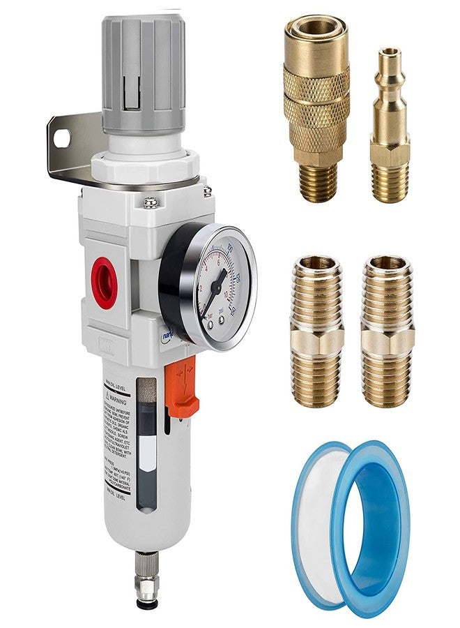 NANPU 1/2" NPT Compressed Air Filter Regulator Combo Piggyback, 5 Micron Brass Element, Poly Bowl, Semi-Auto Drain, Metal Bracket, 0-150 psi Gauge - Image 1