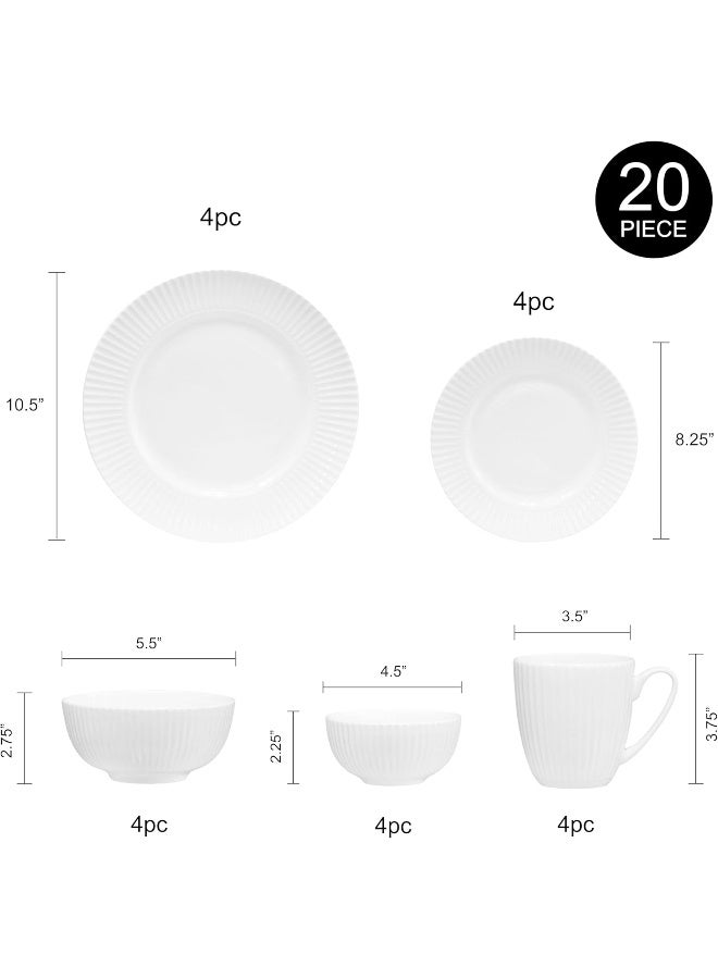 QOUTIQUE Bone China Dinnerware 20PC Set Service for 4 White Embossed stripe Microwave Safe Translucent Elegant giftware Dish set Essential Home Kitchen Dishes Dinner Set - Image 3
