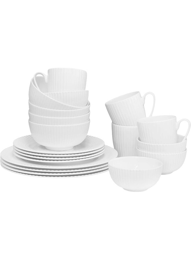 QOUTIQUE Bone China Dinnerware 20PC Set Service for 4 White Embossed stripe Microwave Safe Translucent Elegant giftware Dish set Essential Home Kitchen Dishes Dinner Set - Image 1