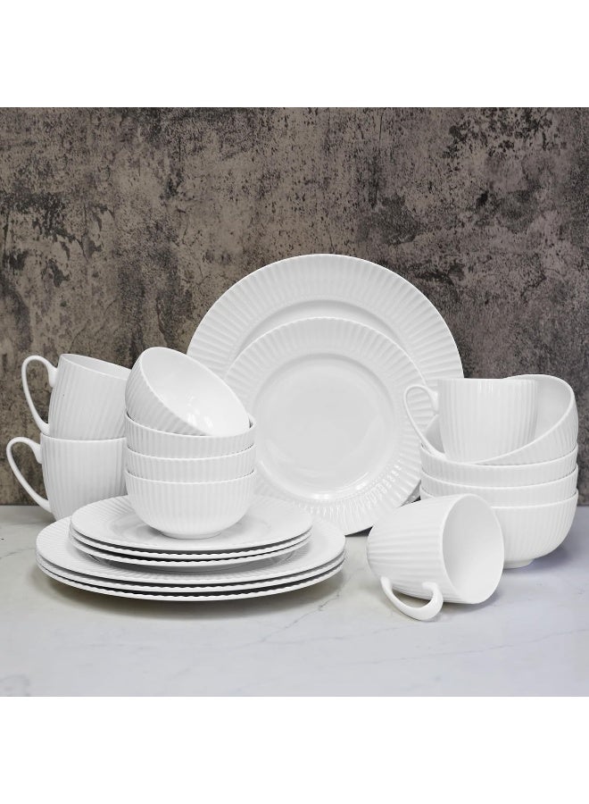 QOUTIQUE Bone China Dinnerware 20PC Set Service for 4 White Embossed stripe Microwave Safe Translucent Elegant giftware Dish set Essential Home Kitchen Dishes Dinner Set - Image 2