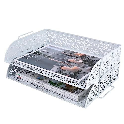 PAG 2 Tier Desktop File Organizer Metal Stackable Letter Tray Paper Holder Rack for Desk White