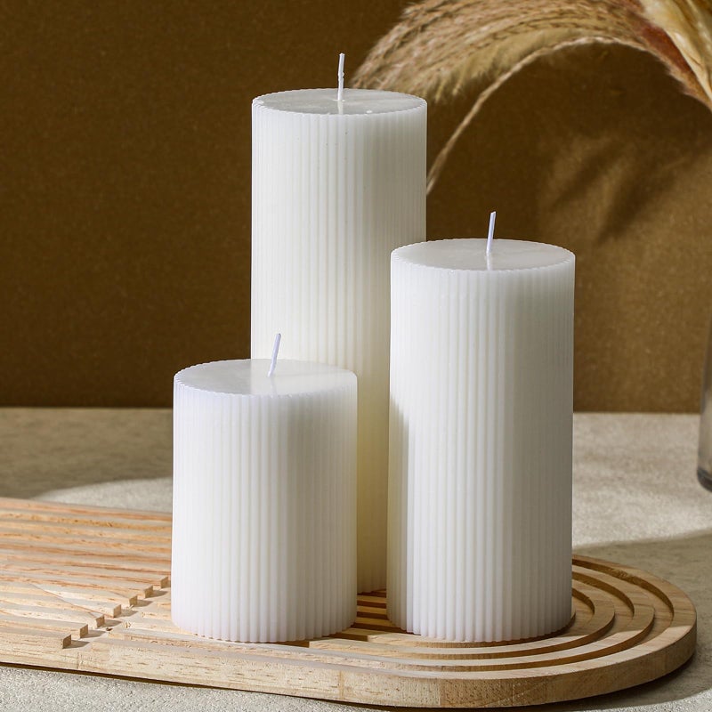 Conelist Ribbed Pillar Candles Set of 3 Width 3 High 4 6 8 Large Soy Wax Orchids Scented Pillar Candles Aesthetic Ribbed Modern Home Decor for Bathroom Living RoomWhite