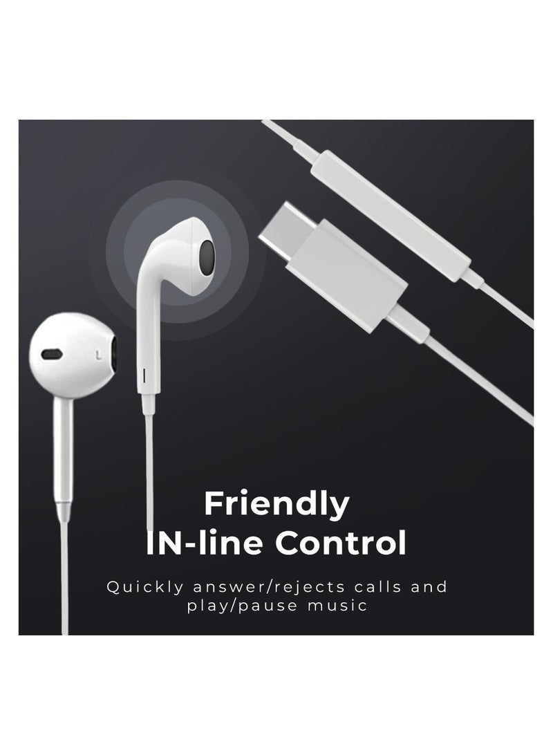 Wired In-Ear Earphone, White, Stereo Sound Driver, Type C Connector, High-Quality Audio Experience. Compatible for iPhone/iPad/iPod