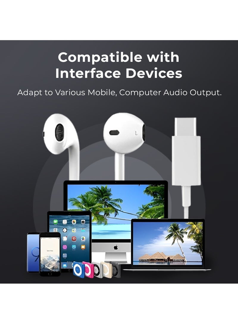 Wired In-Ear Earphone, White, Stereo Sound Driver, Type C Connector, High-Quality Audio Experience. Compatible for iPhone/iPad/iPod