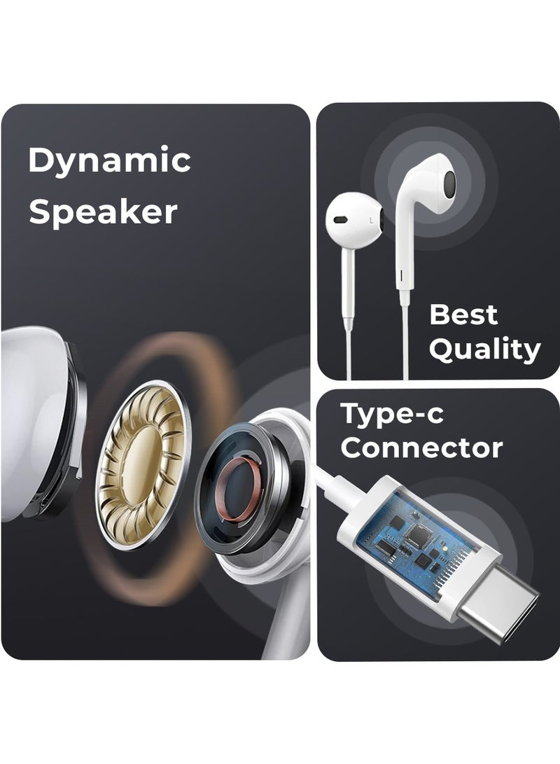 Wired In-Ear Earphone, White, Stereo Sound Driver, Type C Connector, High-Quality Audio Experience. Compatible for iPhone/iPad/iPod