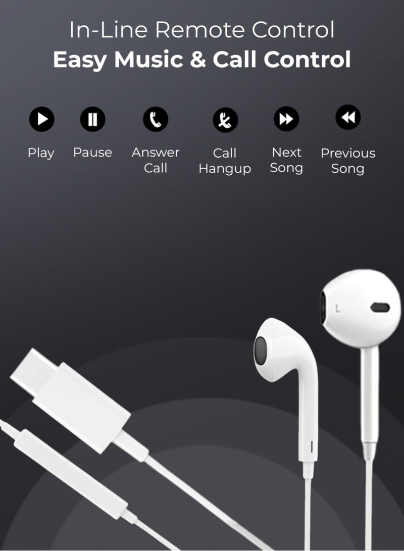 Wired In-Ear Earphone, White, Stereo Sound Driver, Type C Connector, High-Quality Audio Experience. Compatible for iPhone/iPad/iPod