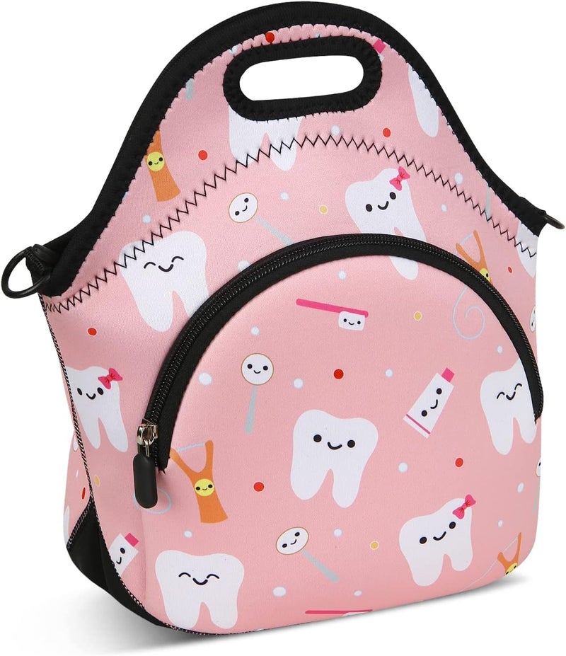 Violet Mist Neoprene Thermal Insulated Lunch Tote Bag for Women Soft Large with Extra Pocket Adjustable Shoulder Lunchbox Handbags adult Work Nurse Picnic Gift (Pink Teeth - Image 2
